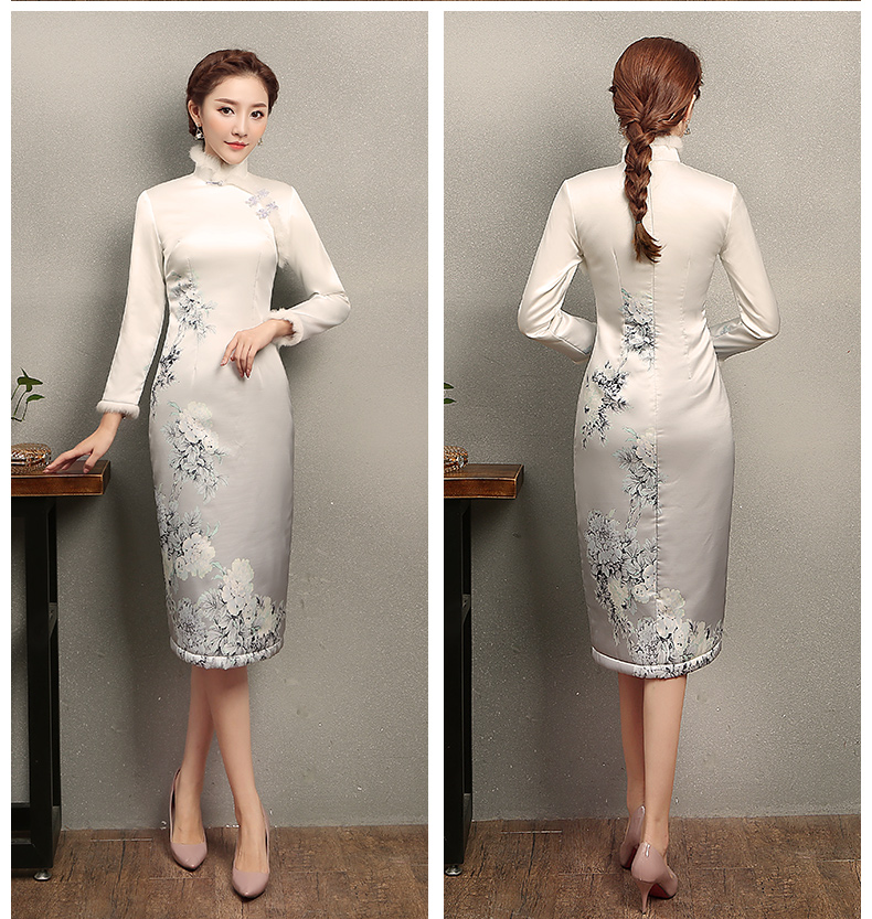花雪牡丹印花旗袍，白色冬季旗袍裙