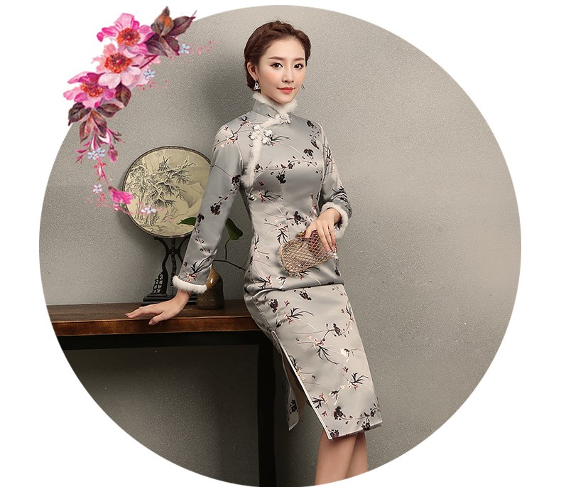 花仟淺灰藍(lán)旗袍，兔毛包邊冬季旗袍裙