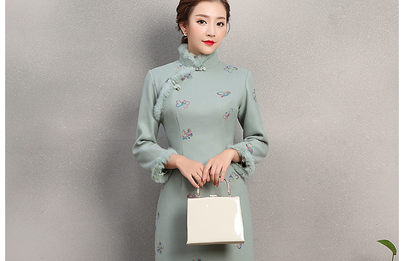 粉綠色舞蝶旗袍，兔毛包邊冬季旗袍裙