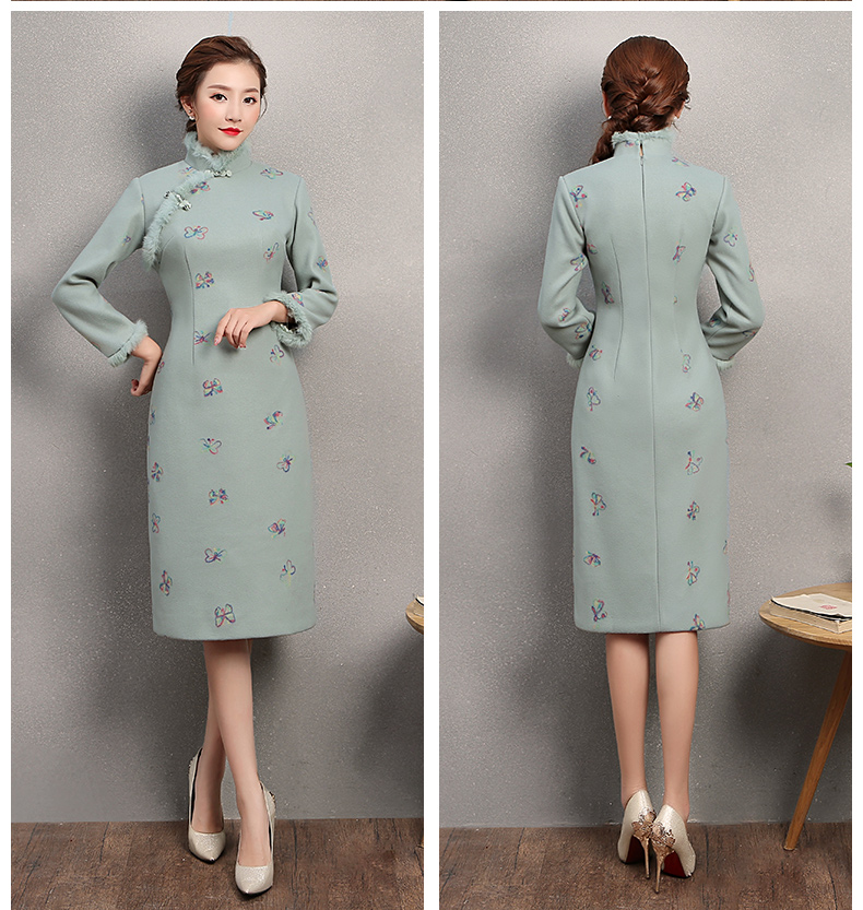 粉綠色舞蝶旗袍，兔毛包邊冬季旗袍裙