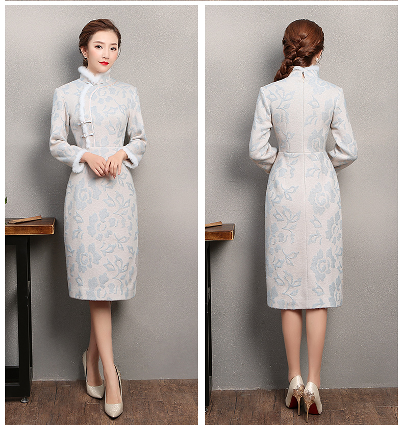 素凈淡雅旗袍，兔毛立領(lǐng)冬季旗袍裙