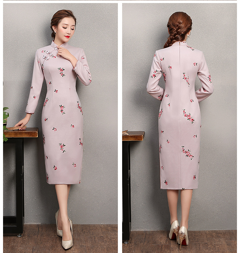 淡粉繡小花旗袍，粉嫩清純旗袍裙