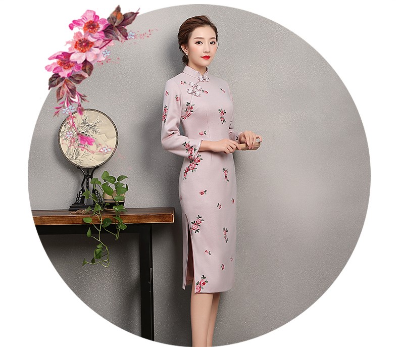 淡粉繡小花旗袍，粉嫩清純旗袍裙