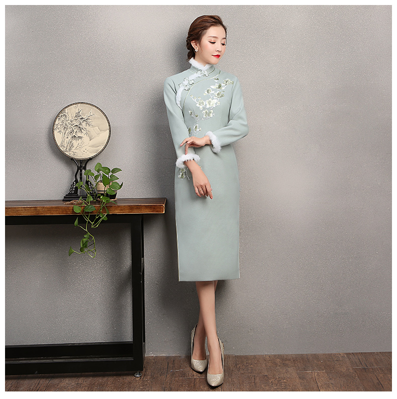 碧綠色繡花旗袍，素淡文藝旗袍裙