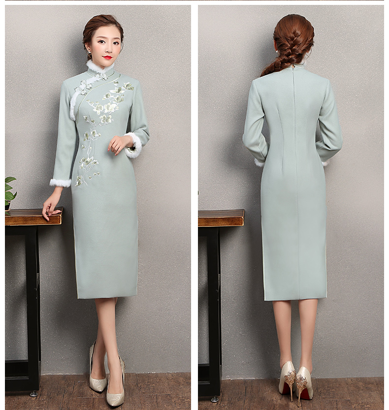 碧綠色繡花旗袍，素淡文藝旗袍裙