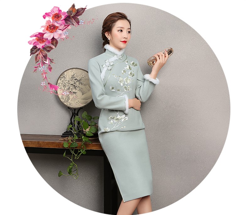 碧綠色繡花旗袍，素淡文藝旗袍裙