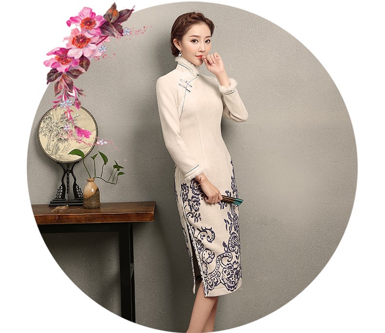 青花瓷素雅旗袍，別致兔毛立領(lǐng)旗袍裙