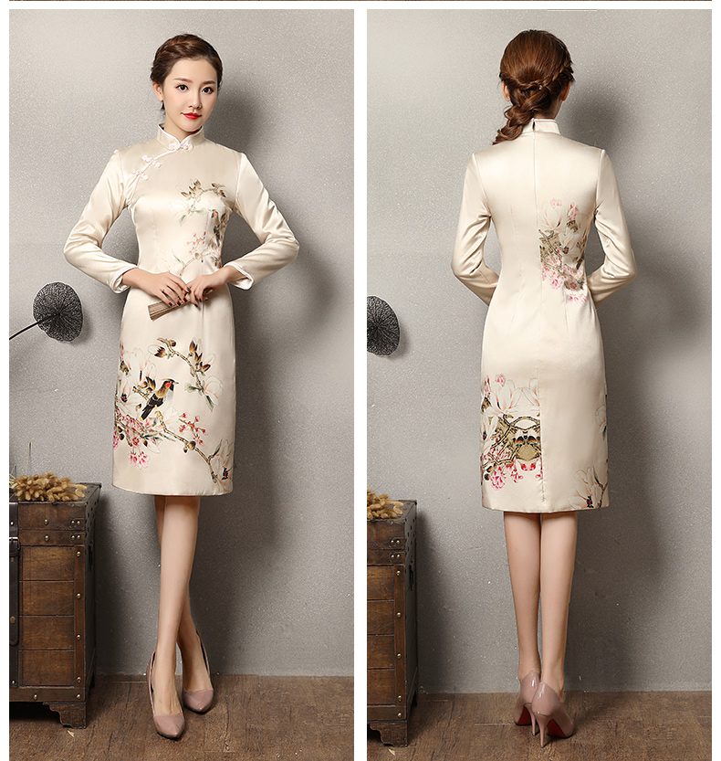 淺杏色樂鵲旗袍，清新復(fù)古旗袍裙