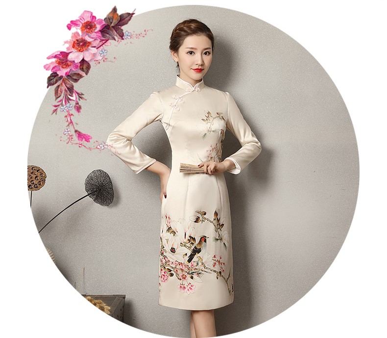 淺杏色樂鵲旗袍，清新復(fù)古旗袍裙