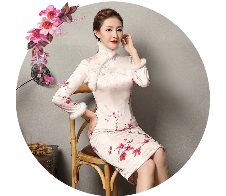 素雅紅雪水墨旗袍，復(fù)古梅花旗袍裙