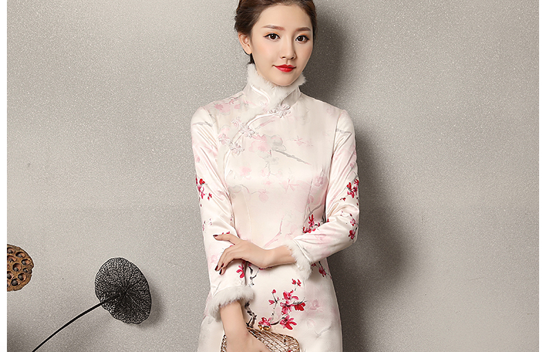 素雅紅雪水墨旗袍，復(fù)古梅花旗袍裙