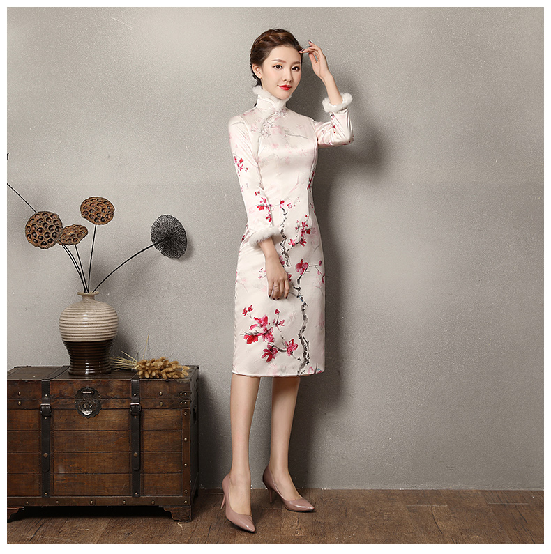 素雅紅雪水墨旗袍，復(fù)古梅花旗袍裙