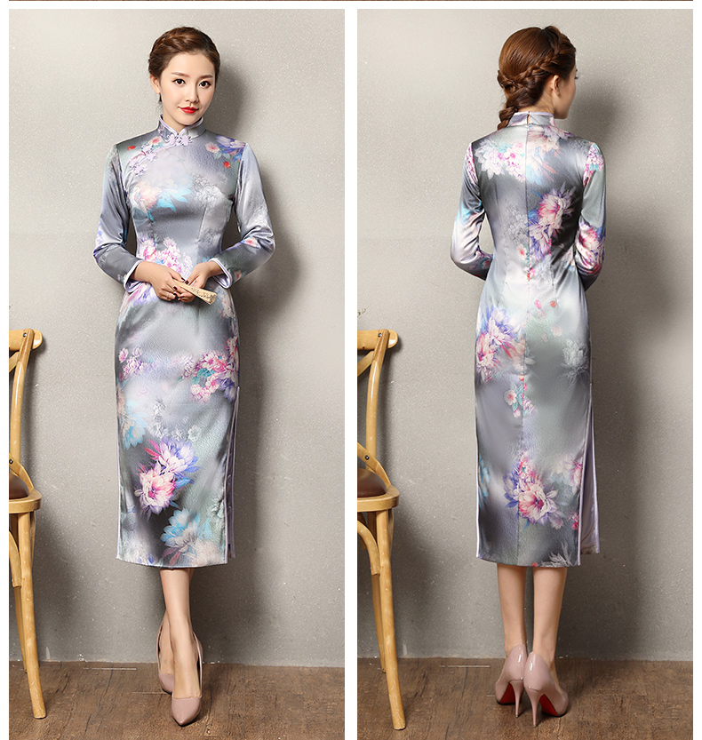 藍(lán)色提花孔雀旗袍，復(fù)古花域旗袍裙