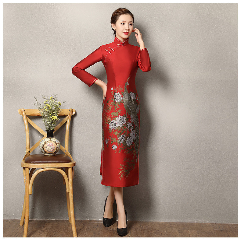 牡丹孔雀紅色旗袍，復(fù)古火鳳旗袍裙