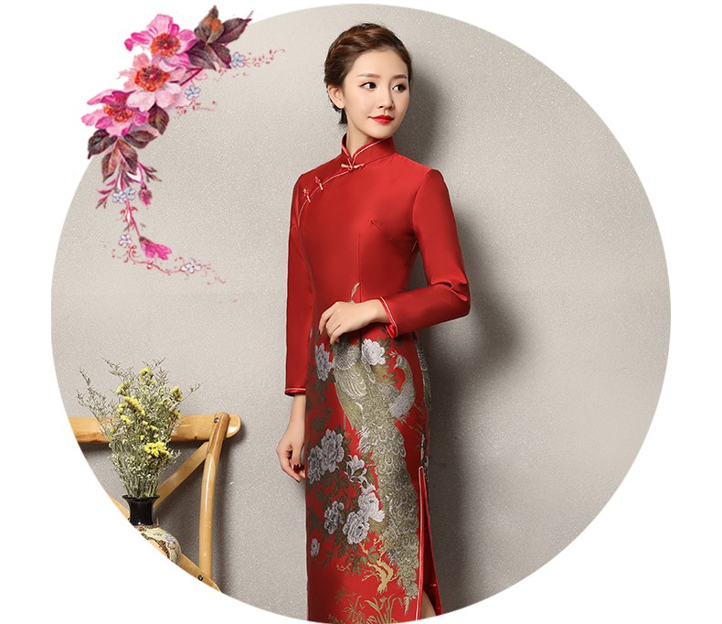 牡丹孔雀紅色旗袍，復(fù)古火鳳旗袍裙