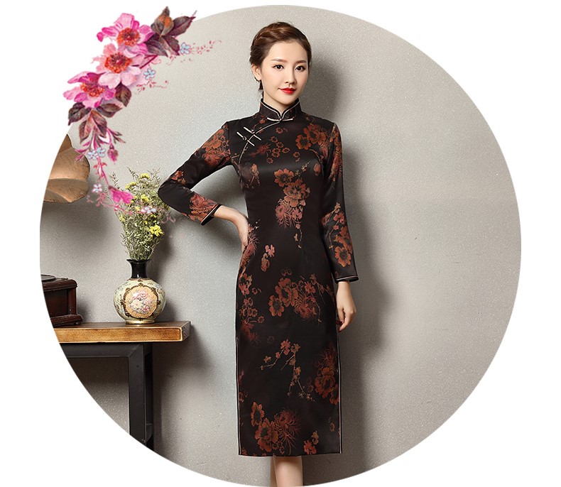 深色印暗紅花旗袍，優(yōu)雅韻放旗袍裙