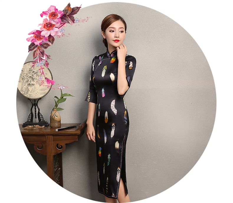 黑色香羽旗袍，蠶絲中袖旗袍裙