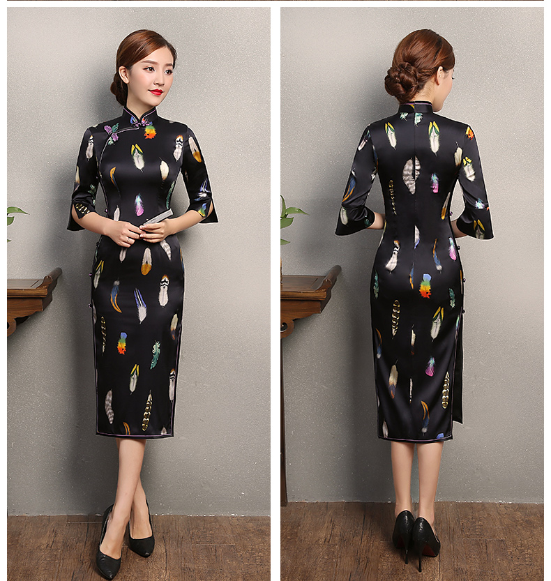 黑色香羽旗袍，蠶絲中袖旗袍裙