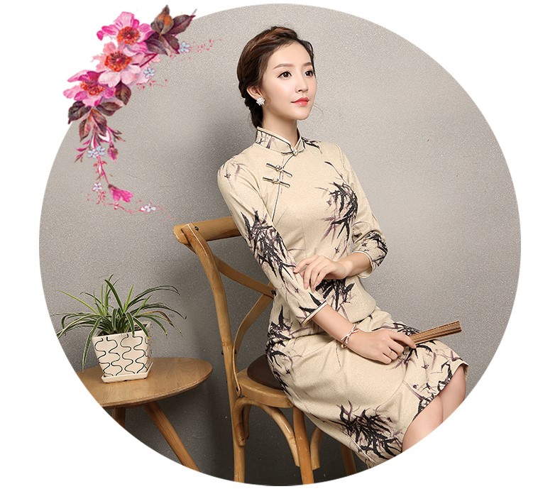 杏色墨竹旗袍，時(shí)尚福連文苑旗袍裙