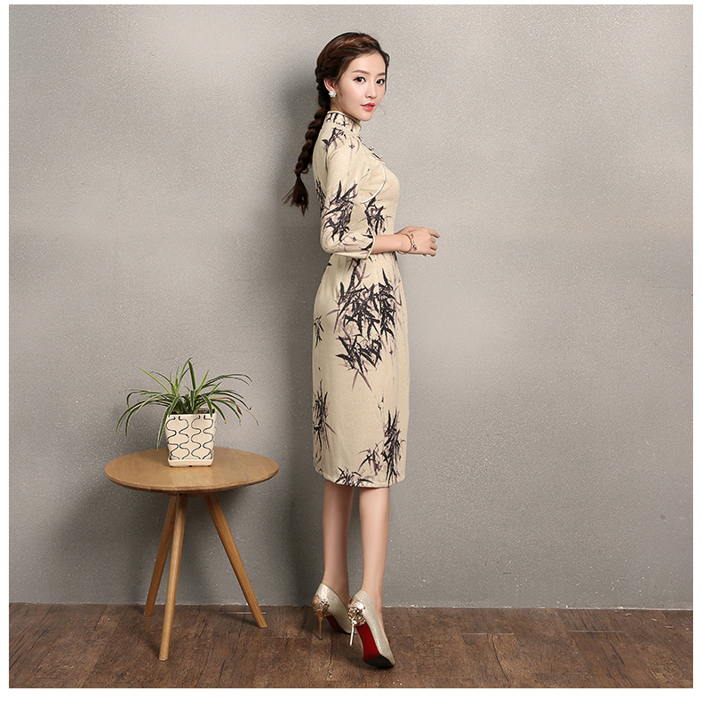 杏色墨竹旗袍，時(shí)尚福連文苑旗袍裙