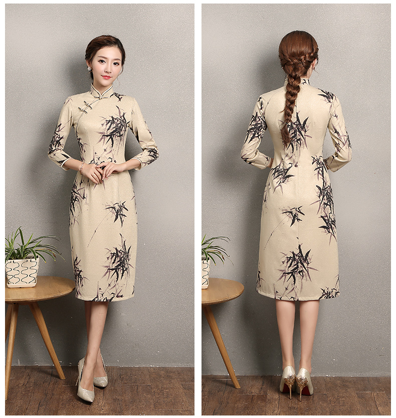 杏色墨竹旗袍，時(shí)尚福連文苑旗袍裙