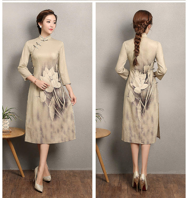 黃色金荷旗袍，時(shí)尚福連文苑旗袍裙