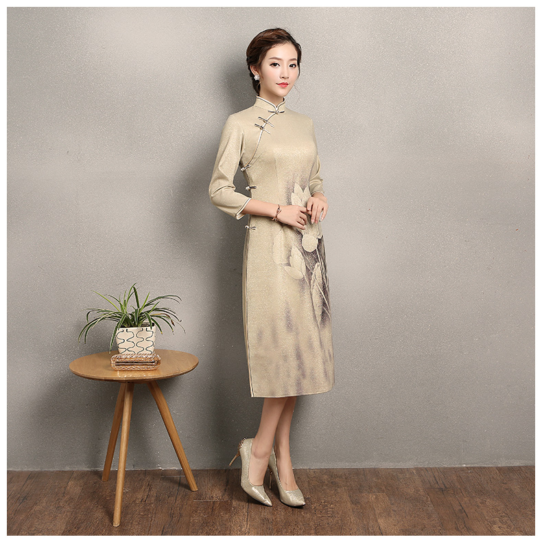 黃色金荷旗袍，時(shí)尚福連文苑旗袍裙