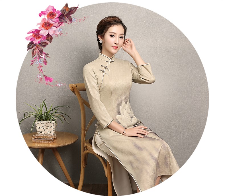 黃色金荷旗袍，時(shí)尚福連文苑旗袍裙