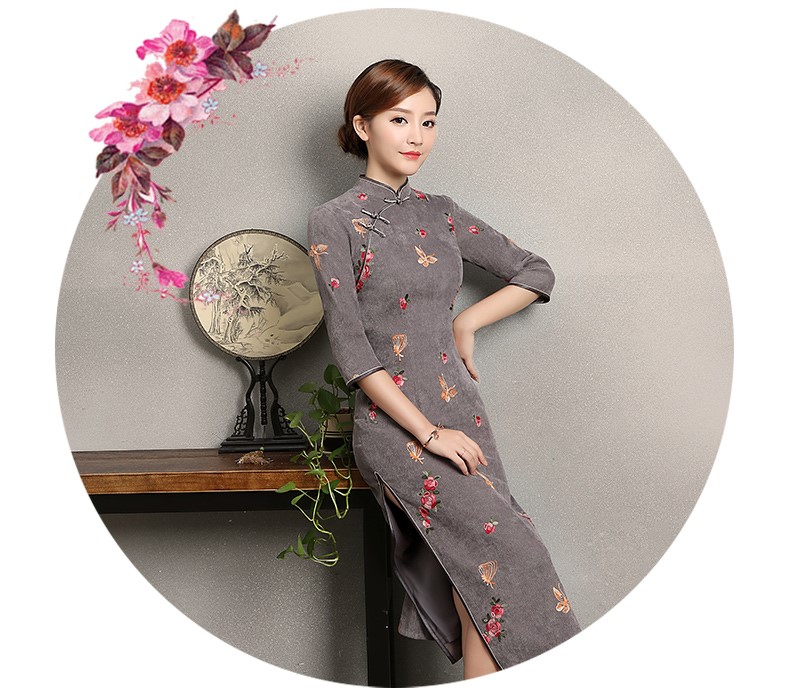 藍(lán)灰色蝴蝶旗袍，優(yōu)雅復(fù)古旗袍裙