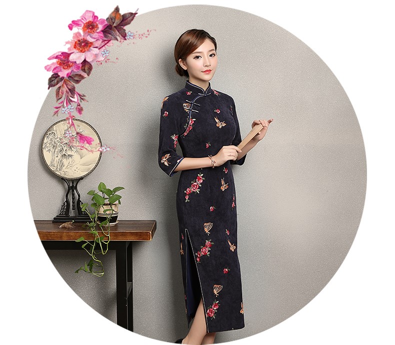 藍(lán)灰色蝴蝶旗袍，優(yōu)雅復(fù)古旗袍裙