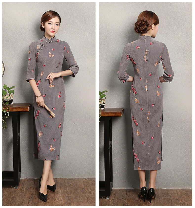 藍(lán)灰色蝴蝶旗袍，優(yōu)雅復(fù)古旗袍裙