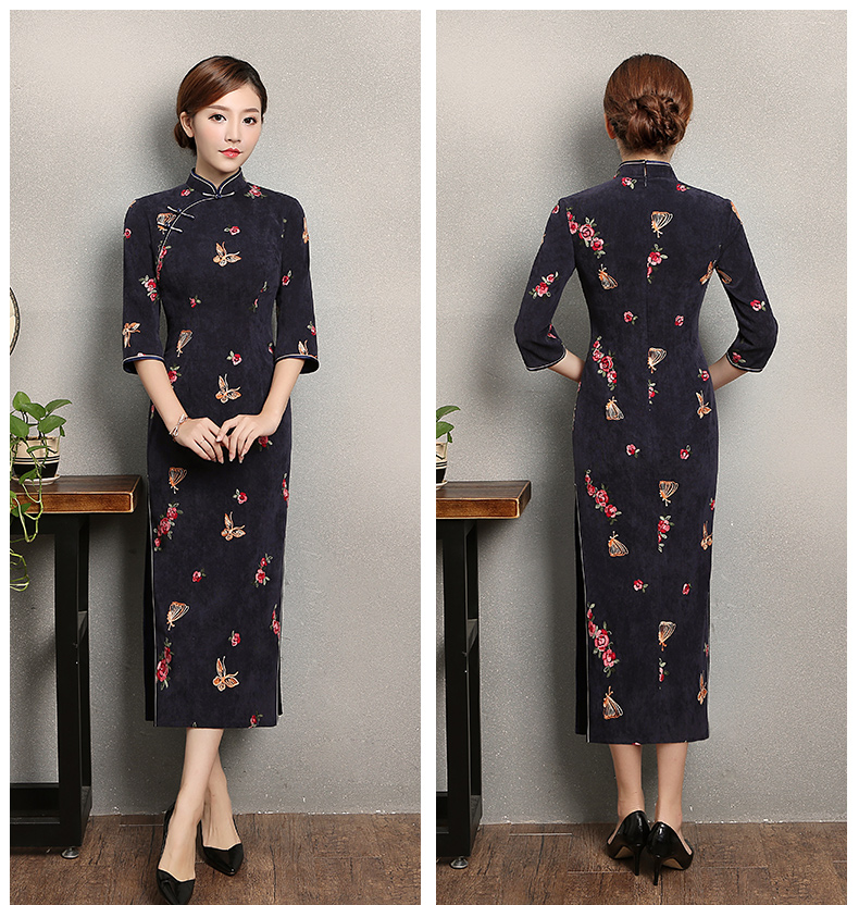 藍(lán)灰色蝴蝶旗袍，優(yōu)雅復(fù)古旗袍裙