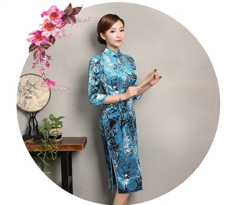 藍(lán)色印花郁蘭旗袍，優(yōu)雅復(fù)古旗袍裙