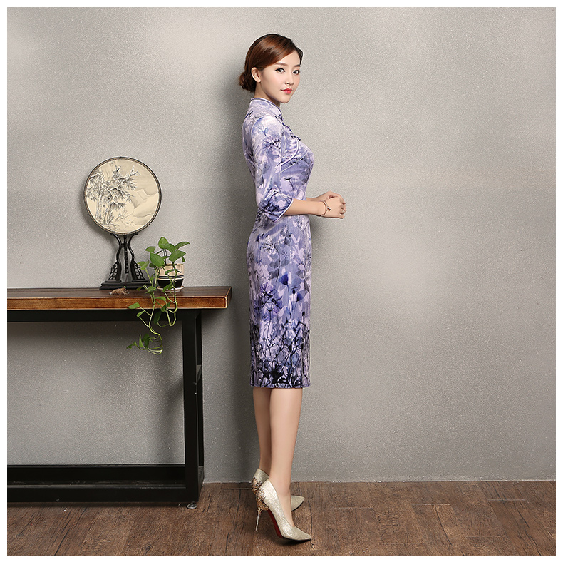 淡紫色印花旗袍，高貴典雅旗袍裙