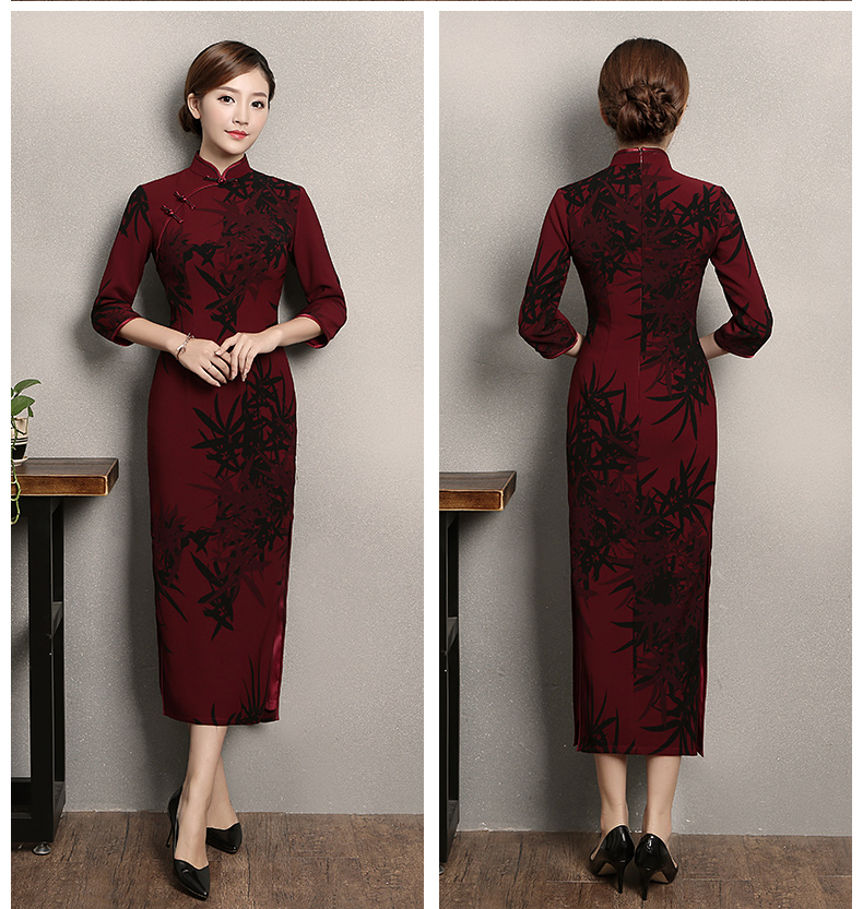 暗紅色竹香旗袍，古典中袖旗袍裙