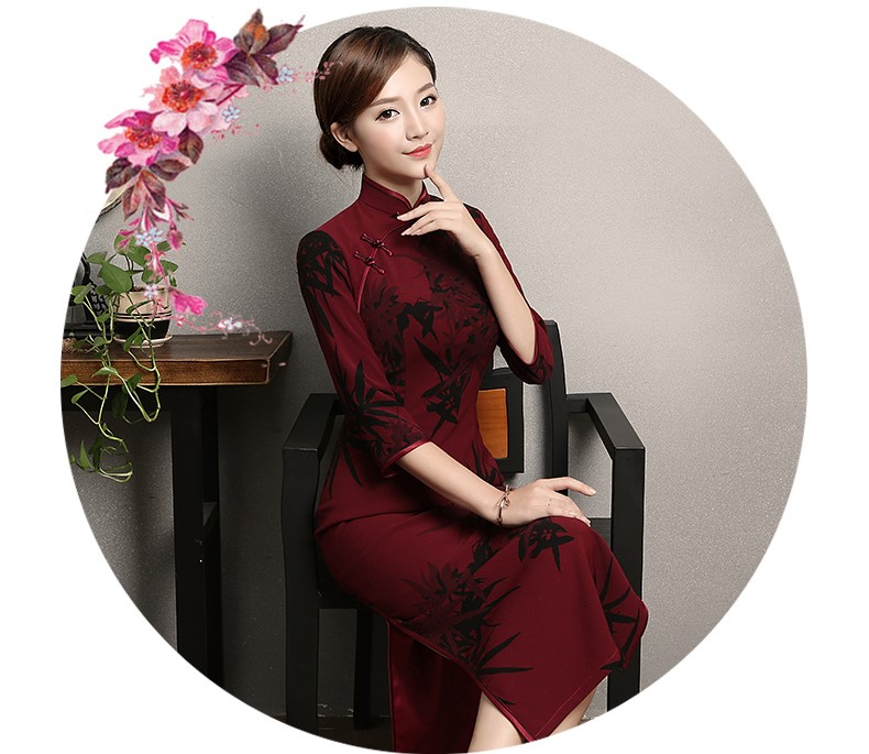 暗紅色竹香旗袍，古典中袖旗袍裙