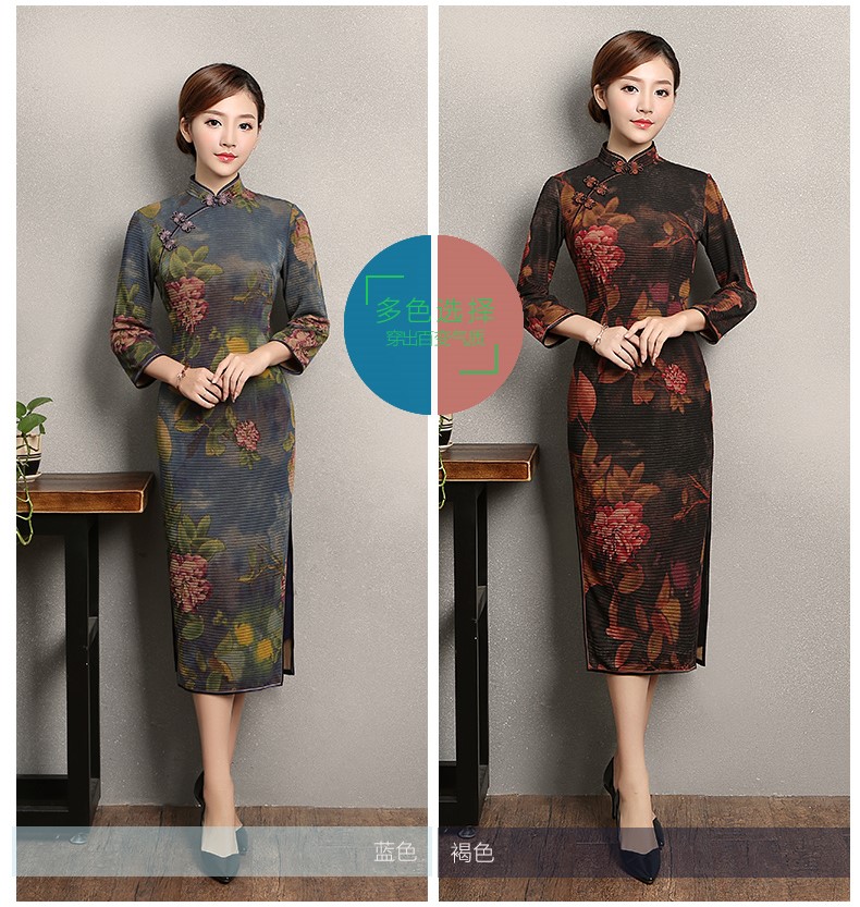 牡丹花色旗袍，古典中袖旗袍裙