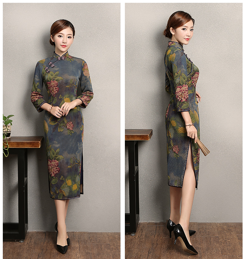 牡丹花色旗袍，古典中袖旗袍裙