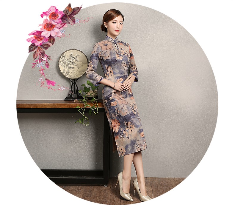 復古印花旗袍，藍紫色中袖旗袍裙