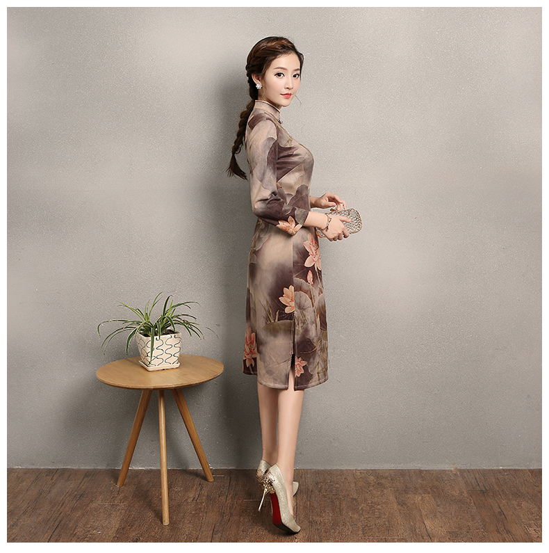 粉荷印花旗袍，福連文苑復(fù)古旗袍裙
