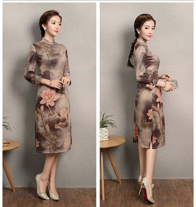 粉荷印花旗袍，福連文苑復(fù)古旗袍裙