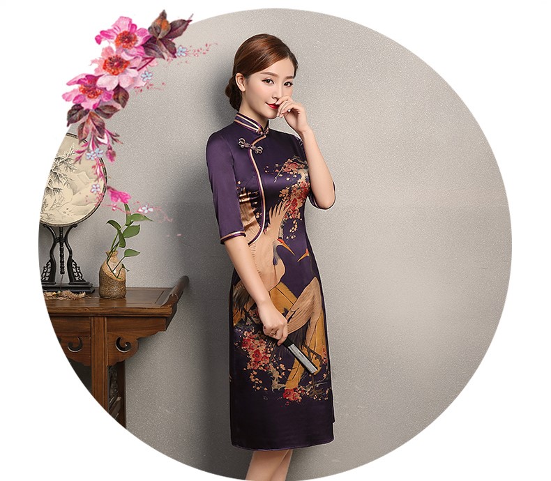 鶴舞紫色旗袍，福連文苑復古旗袍裙