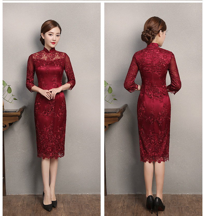 紅色蕾絲旗袍，復(fù)古刺繡旗袍裙