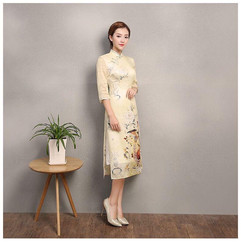 淡黃色靈鳳旗袍，奧黛改良旗袍裙