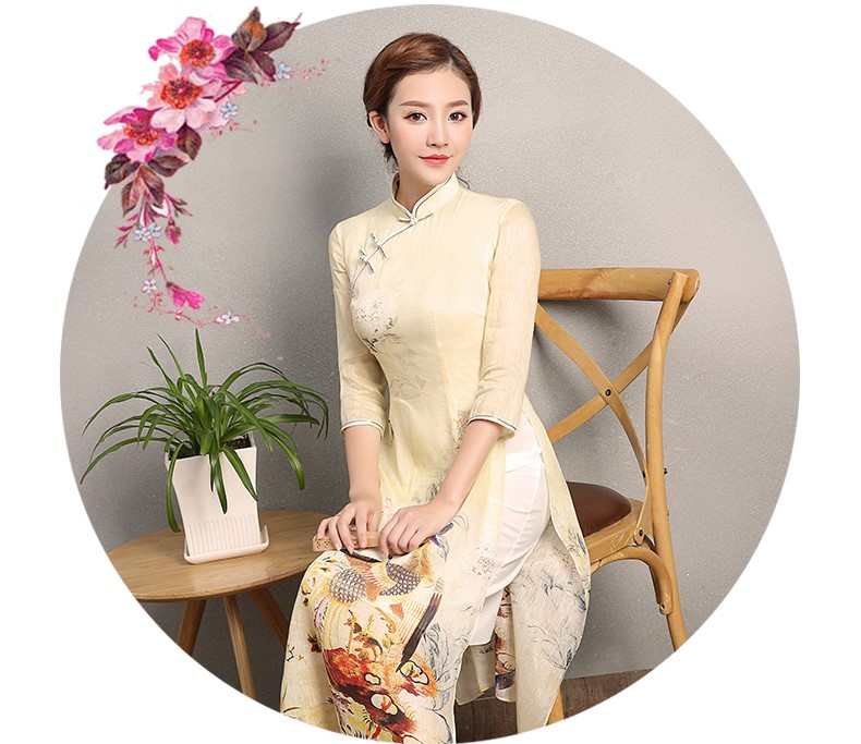 淡黃色靈鳳旗袍，奧黛改良旗袍裙