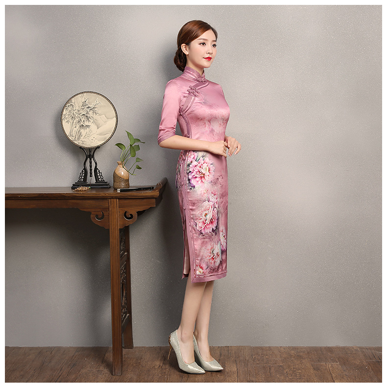 粉色墨畫旗袍，中袖真絲旗袍裙