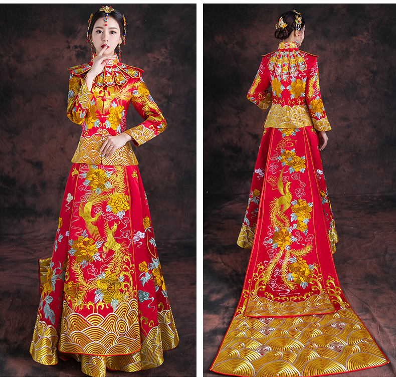 紅色長款拖尾中式禮服，精美刺繡新娘結婚禮服