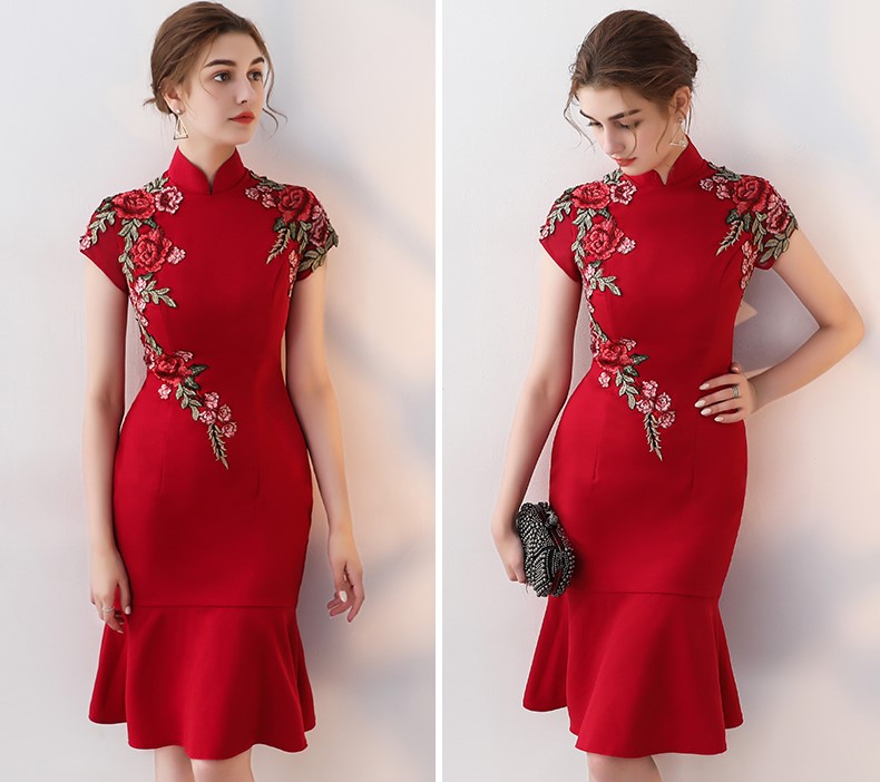 蕾絲花朵中式禮服，性感魚尾晚禮服