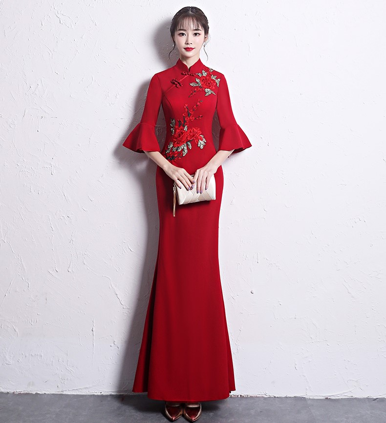 時(shí)尚復(fù)古中式禮服，喇叭袖晚禮服