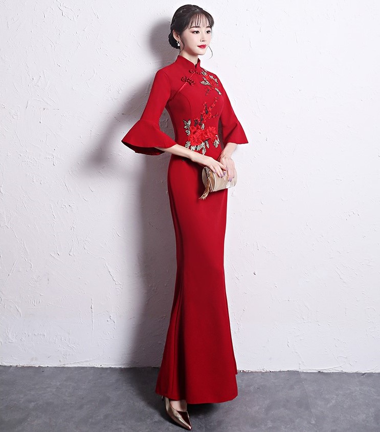 時(shí)尚復(fù)古中式禮服，喇叭袖晚禮服